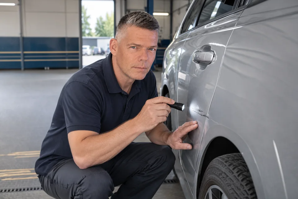 KI-generierte Darstellung von Dirk Konrad bei einer Fahrzeugbegutachtung